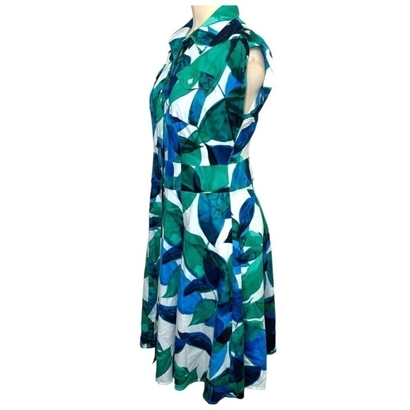 Jones New York Fit Flare Midi Dress Sz 4 Blue Green White Tropical Button Front - Picture 2 of 11